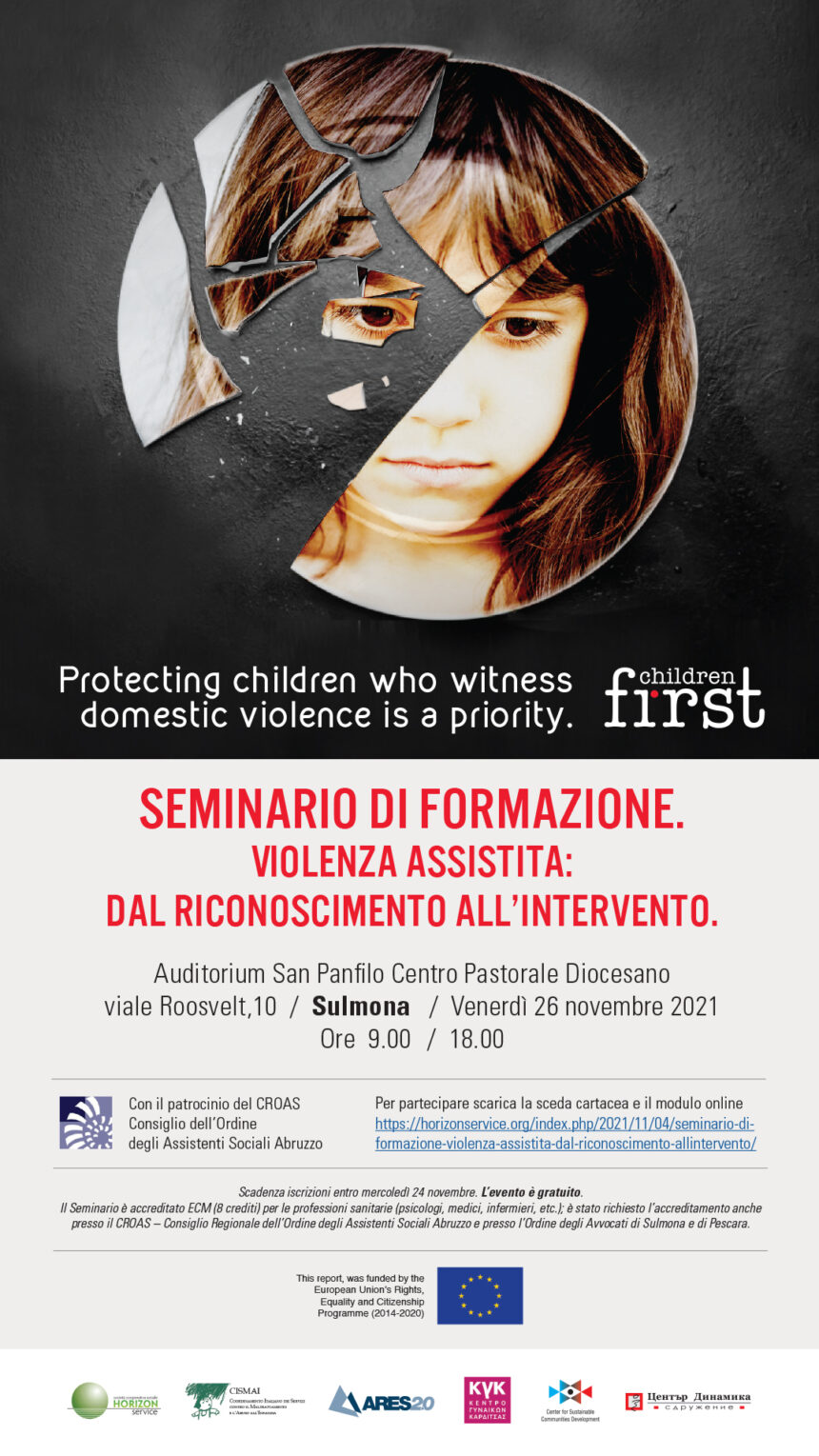 Seminario di Formazione “Violenza assistita: dal riconoscimento all’intervento” – Sulmona, venerdì 26 novembre 2021